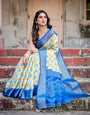 Yellow and Blue Ikat Digital Print Banarasi Silk Saree with Zari Weave and Tassel-Embellished Pallu