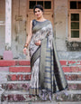 Elegant Banarasi Silk Saree with Zari Weaving and Tassels in Shades of Grey and Black