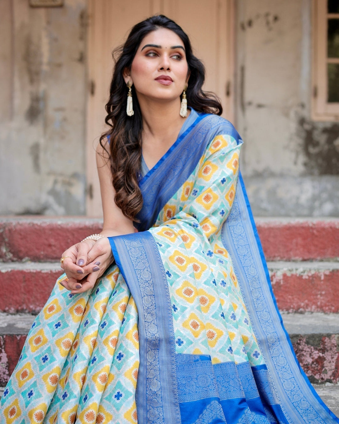 Pure Banarasi Silk Saree Weaved With Golden Zari Comes With Tassels - Almaari Fashion