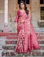 Pink and Maroon Abstract Digital Print Banarasi Silk Saree with Zari Weave and Tassel-Embellished Pallu