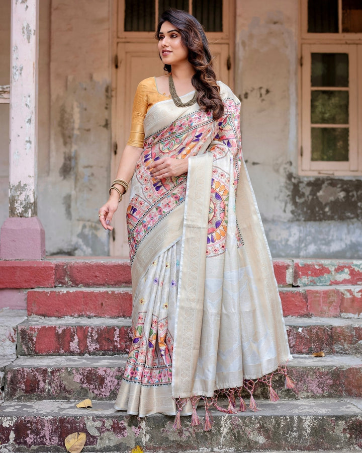 Pure Banarasi Silk Saree Weaved With Golden Zari Comes With Tassels - Almaari Fashion