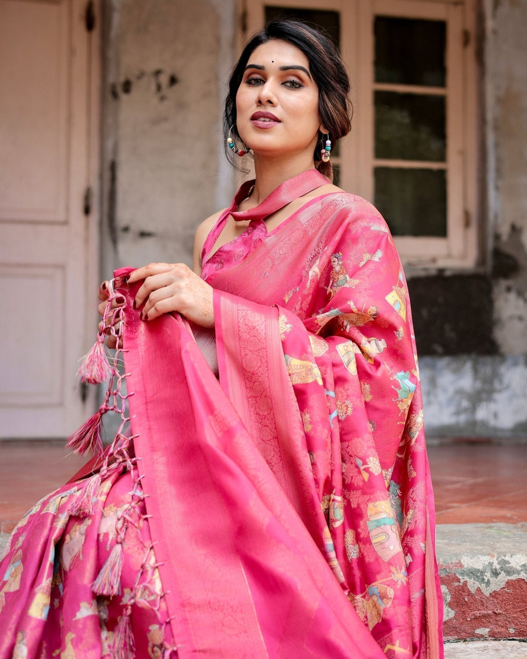 Pure Banarasi Silk Saree Weaved With Golden Zari Comes With Tassels - Almaari Fashion