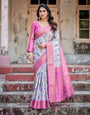 White and Pink Floral Digital Print Banarasi Silk Saree with Zari Weave and Tassel-Embellished Pallu