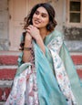 White and Aqua Floral Digital Print Banarasi Silk Saree with Zari Weave and Tassel-Adorned Pallu