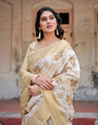 Ivory and Gold Banarasi Silk Saree with Floral Print, Zari Border, and Tassels