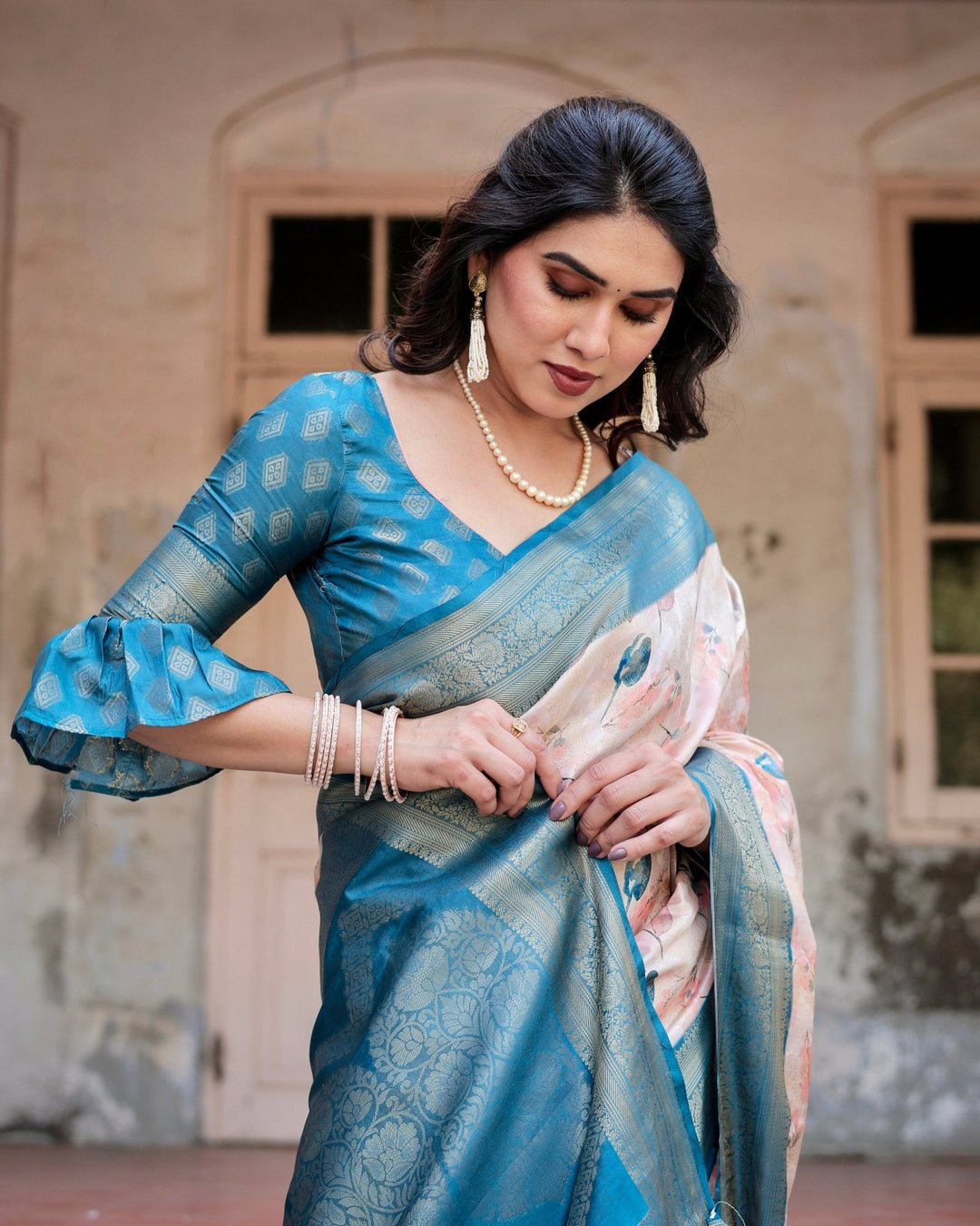 Pure Banarasi Silk Saree Weaved With Golden Zari Comes With Tassels - Almaari Fashion