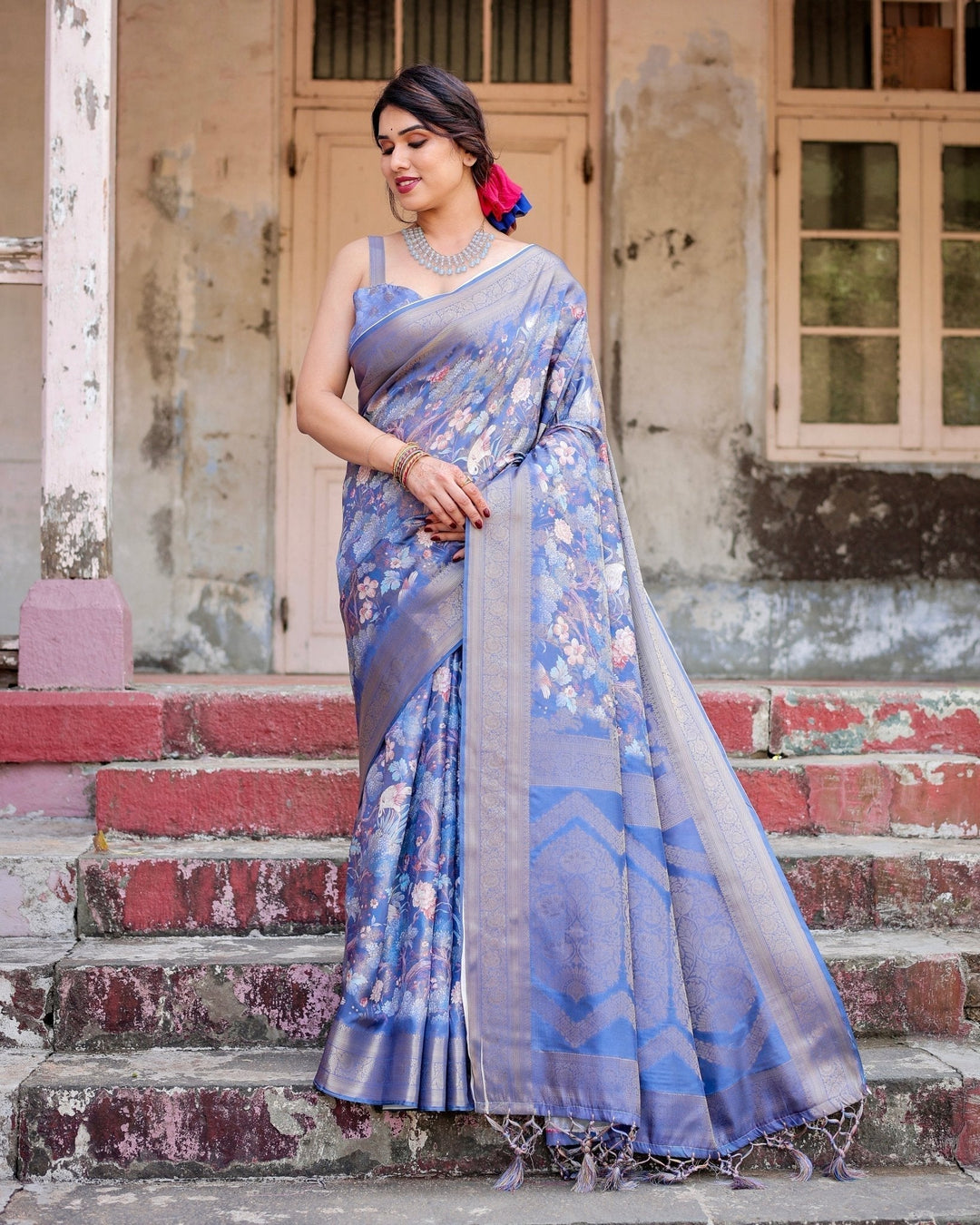 Pure Banarasi Silk Saree Weaved With Golden Zari Comes With Tassels - Almaari Fashion