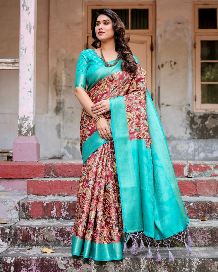 Pure Banarasi Silk Saree Weaved With Golden Zari Comes With Tassels - Almaari Fashion