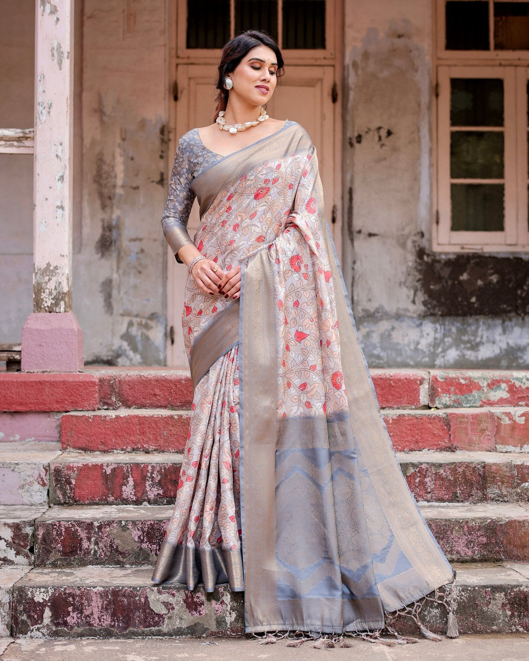 Pure Banarasi Silk Saree Weaved With Golden Zari Comes With Tassels - Almaari Fashion