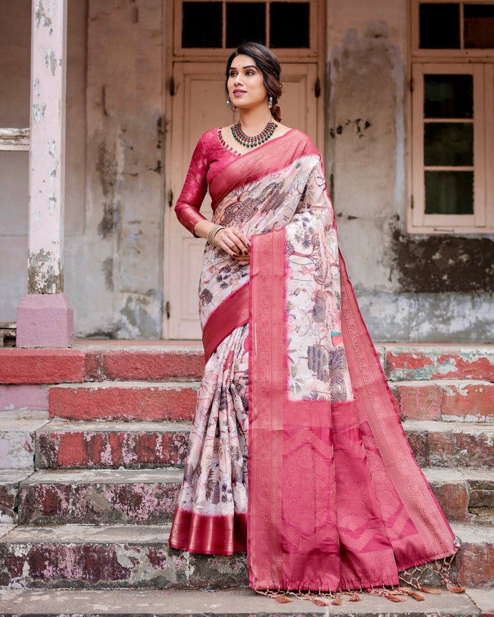 Pure Banarasi Silk Saree Weaved With Golden Zari Comes With Tassels - Almaari Fashion