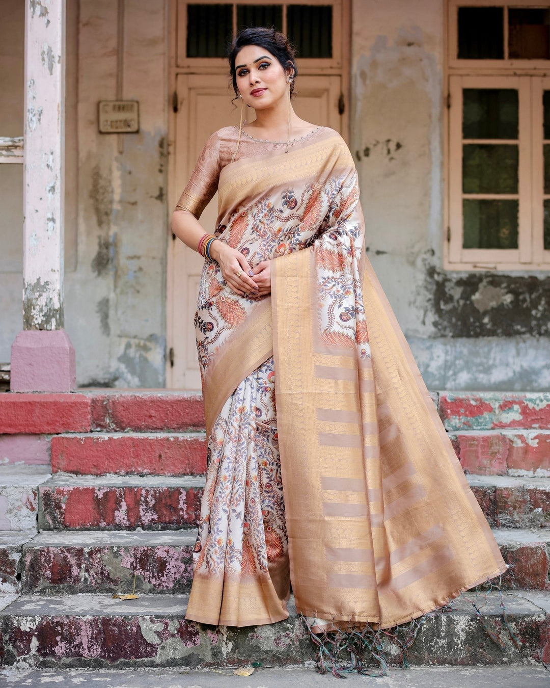 Pure Banarasi Silk Saree Weaved With Golden Zari Comes With Tassels - Almaari Fashion