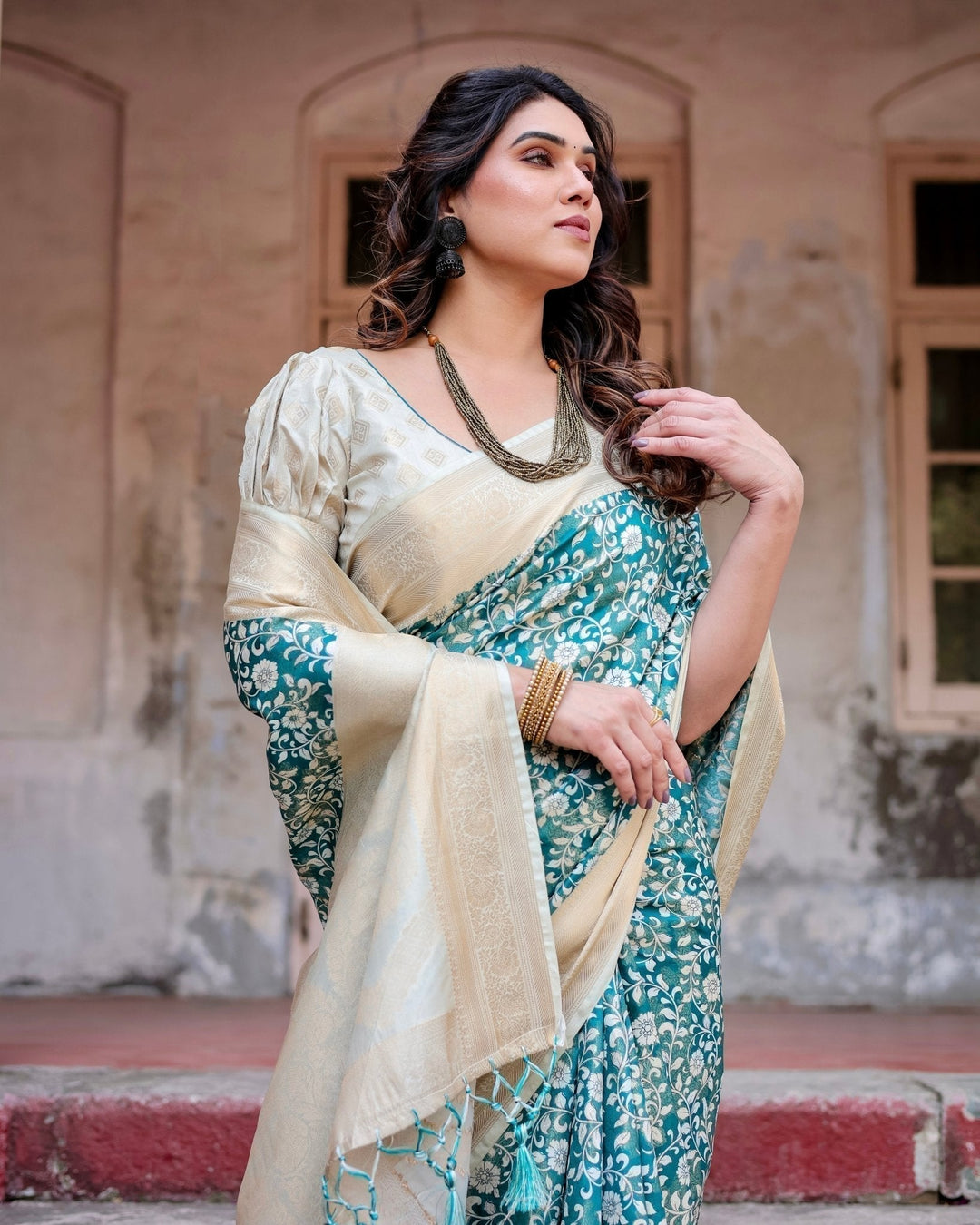 Pure Banarasi Silk Saree Weaved With Golden Zari Comes With Tassels - Almaari Fashion