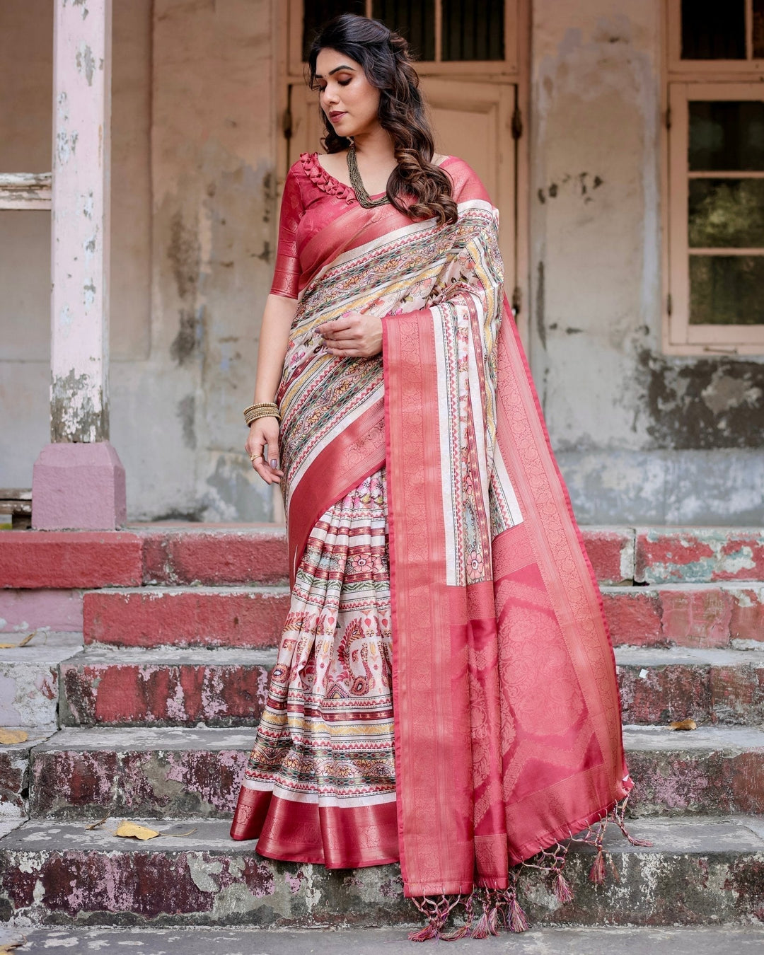 Pure Banarasi Silk Saree Weaved With Golden Zari Comes With Tassels - Almaari Fashion