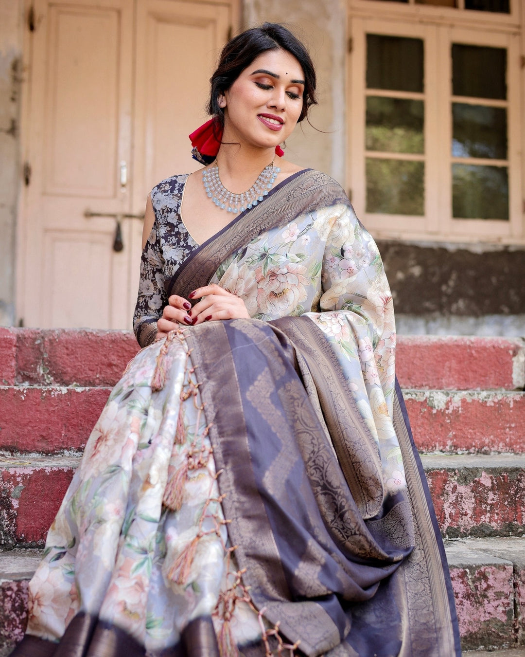 Pure Banarasi Silk Saree Weaved With Golden Zari Comes With Tassels - Almaari Fashion