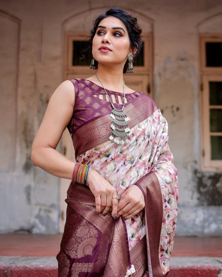 Pure Banarasi Silk Saree Weaved With Golden Zari Comes With Tassels - Almaari Fashion