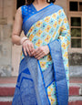 Yellow and Blue Ikat Digital Print Banarasi Silk Saree with Zari Weave and Tassel-Embellished Pallu