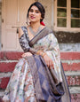 Elegant Gray Banarasi Silk Saree with Navy Blue Zari Weave, Floral Design, and Tassels