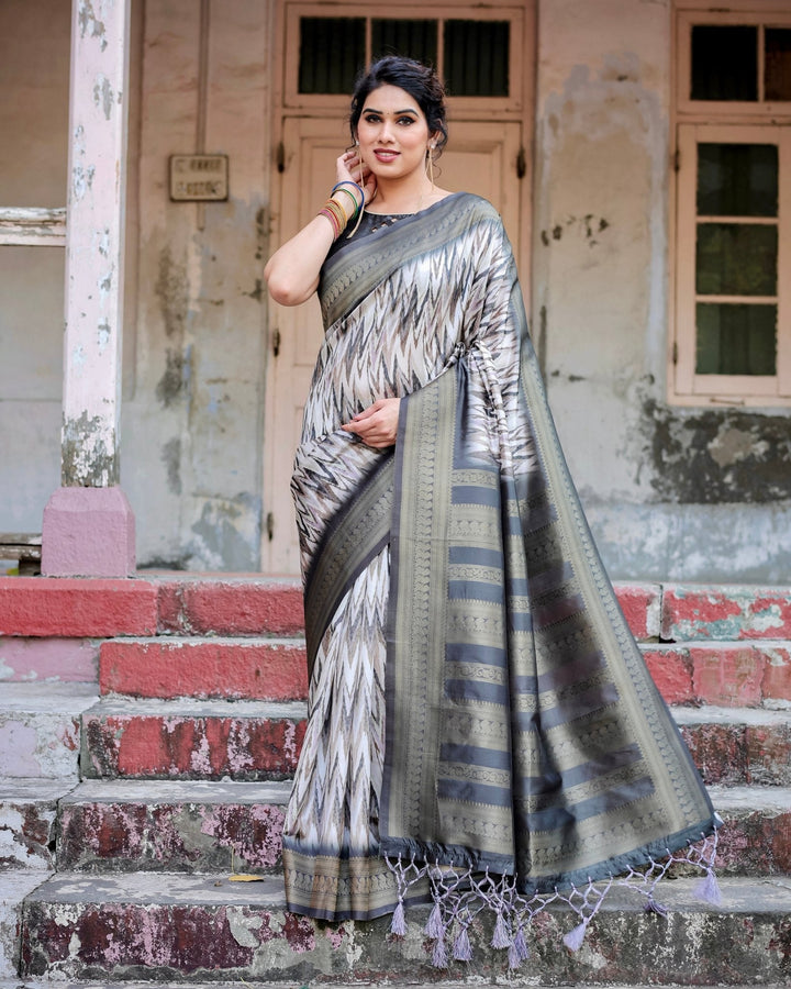 Pure Banarasi Silk Saree Weaved With Golden Zari Comes With Tassels - Almaari Fashion