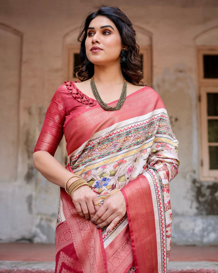 Pure Banarasi Silk Saree Weaved With Golden Zari Comes With Tassels - Almaari Fashion