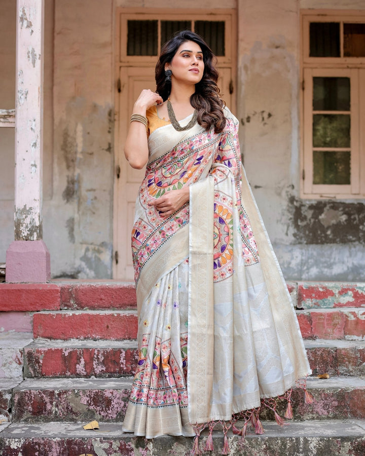 Pure Banarasi Silk Saree Weaved With Golden Zari Comes With Tassels - Almaari Fashion