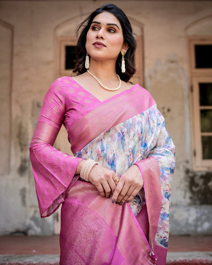 Pure Banarasi Silk Saree Weaved With Golden Zari Comes With Tassels - Almaari Fashion