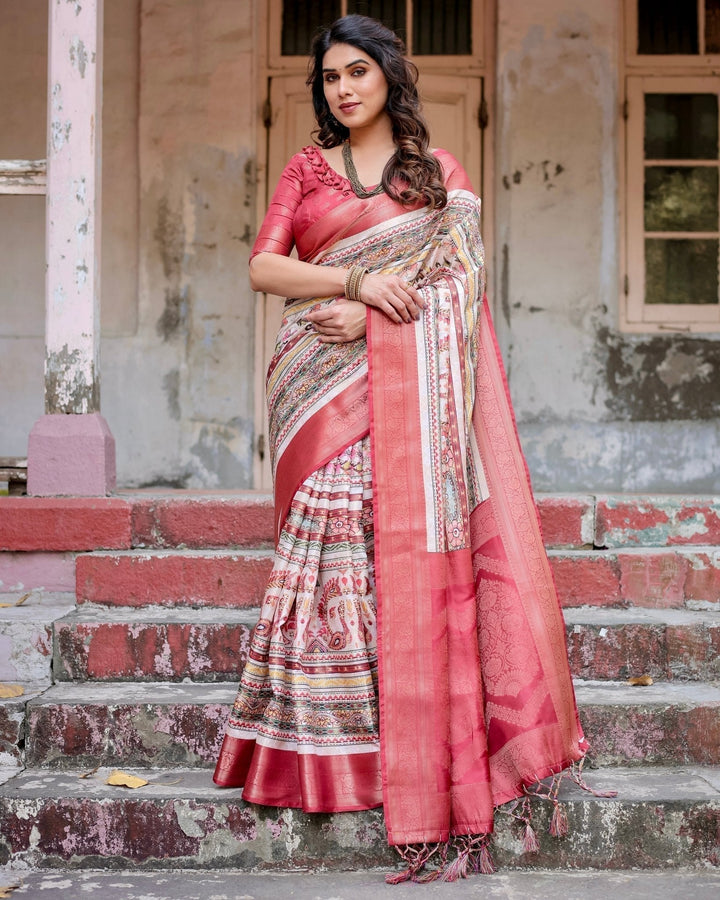 Pure Banarasi Silk Saree Weaved With Golden Zari Comes With Tassels - Almaari Fashion