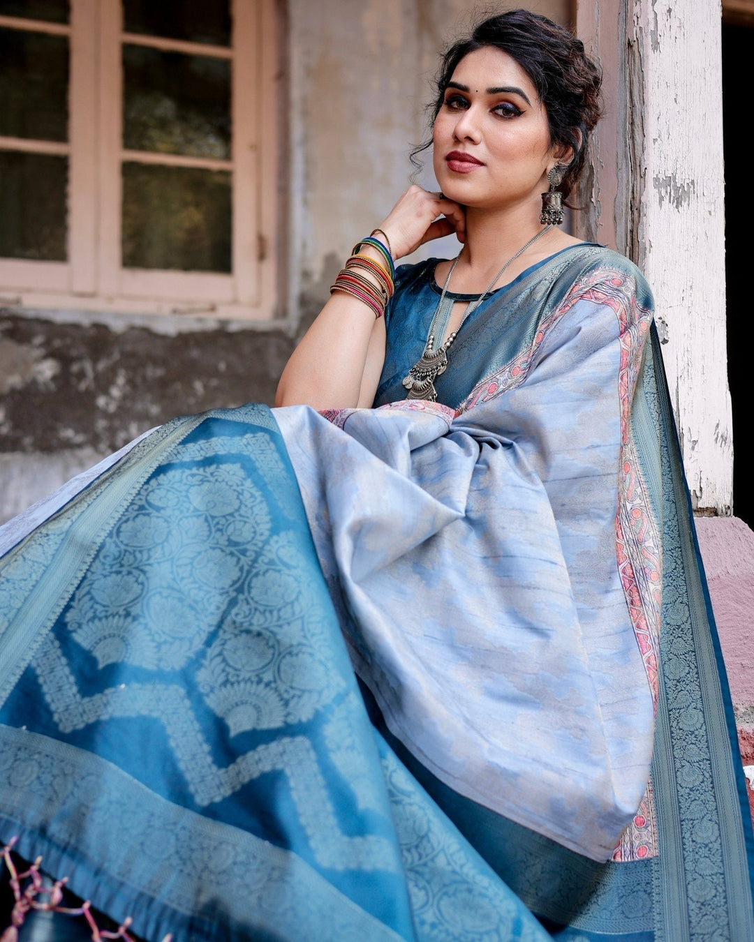 Pure Banarasi Silk Saree Weaved With Golden Zari Comes With Tassels - Almaari Fashion