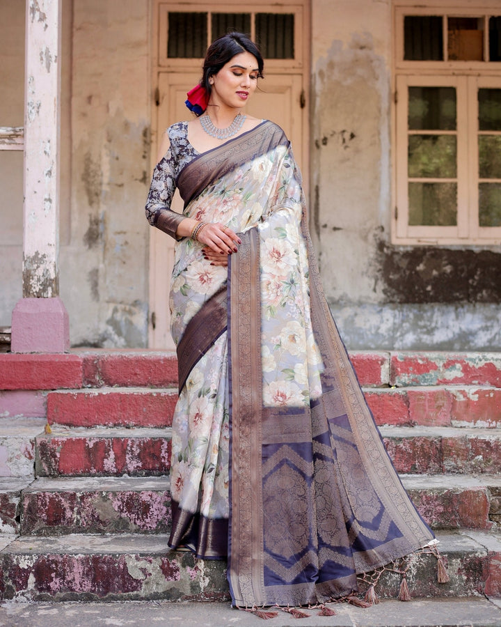 Pure Banarasi Silk Saree Weaved With Golden Zari Comes With Tassels - Almaari Fashion