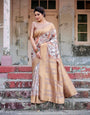 Elegant Beige Floral Banarasi Silk Saree with Zari Weave and Tassels