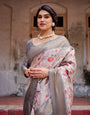 Elegant Grey Banarasi Silk Saree with Intricate Floral Design and Zari Weave