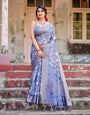 Majestic Blue Banarasi Silk Saree with Delicate Floral Zari Work and Tassel-Embellished Pallu