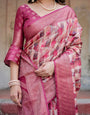 Pink and Maroon Abstract Digital Print Banarasi Silk Saree with Zari Weave and Tassel-Embellished Pallu