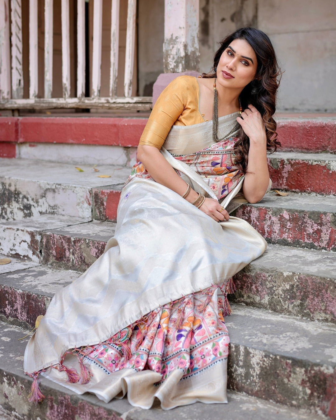 Pure Banarasi Silk Saree Weaved With Golden Zari Comes With Tassels - Almaari Fashion