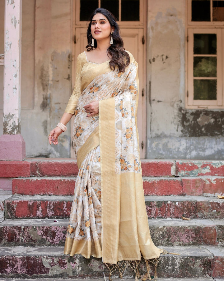 Pure Banarasi Silk Saree Weaved With Golden Zari Comes With Tassels - Almaari Fashion