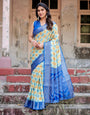 Yellow and Blue Ikat Digital Print Banarasi Silk Saree with Zari Weave and Tassel-Embellished Pallu