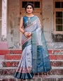 Elegant Blue and Beige Banarasi Silk Saree with Ornate Zari Weaving and Tassels