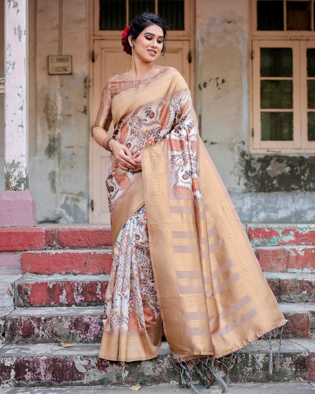 Pure Banarasi Silk Saree Weaved With Golden Zari Comes With Tassels - Almaari Fashion