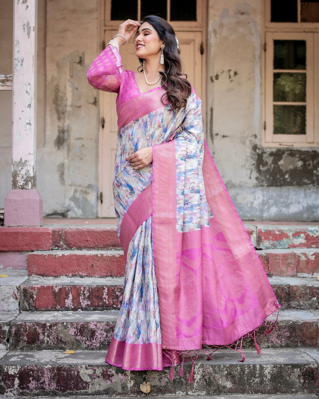 Pure Banarasi Silk Saree Weaved With Golden Zari Comes With Tassels - Almaari Fashion