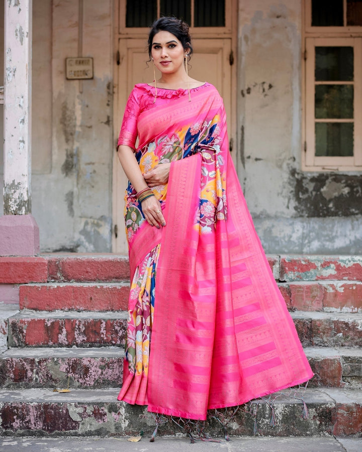 Pure Banarasi Silk Saree Weaved With Golden Zari Comes With Tassels - Almaari Fashion