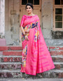 Hot Pink Multicolor Floral Digital Printed Banarasi Silk Saree with Zari Woven Border and Solid Pink Pallu - Includes Tassels