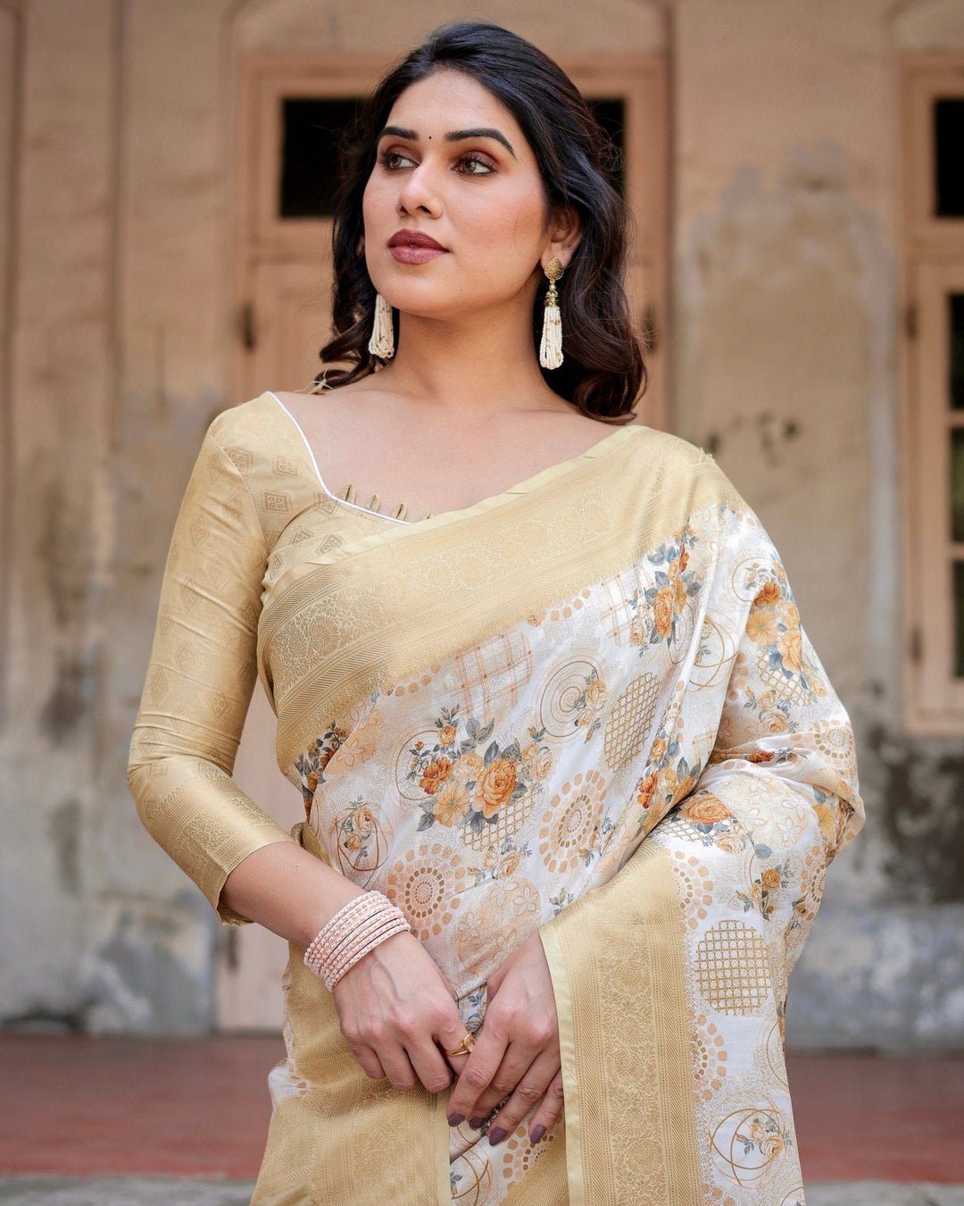 Pure Banarasi Silk Saree Weaved With Golden Zari Comes With Tassels - Almaari Fashion