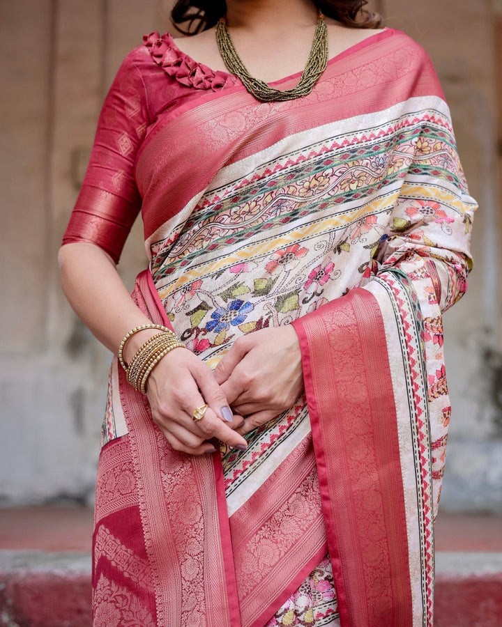 Pure Banarasi Silk Saree Weaved With Golden Zari Comes With Tassels - Almaari Fashion