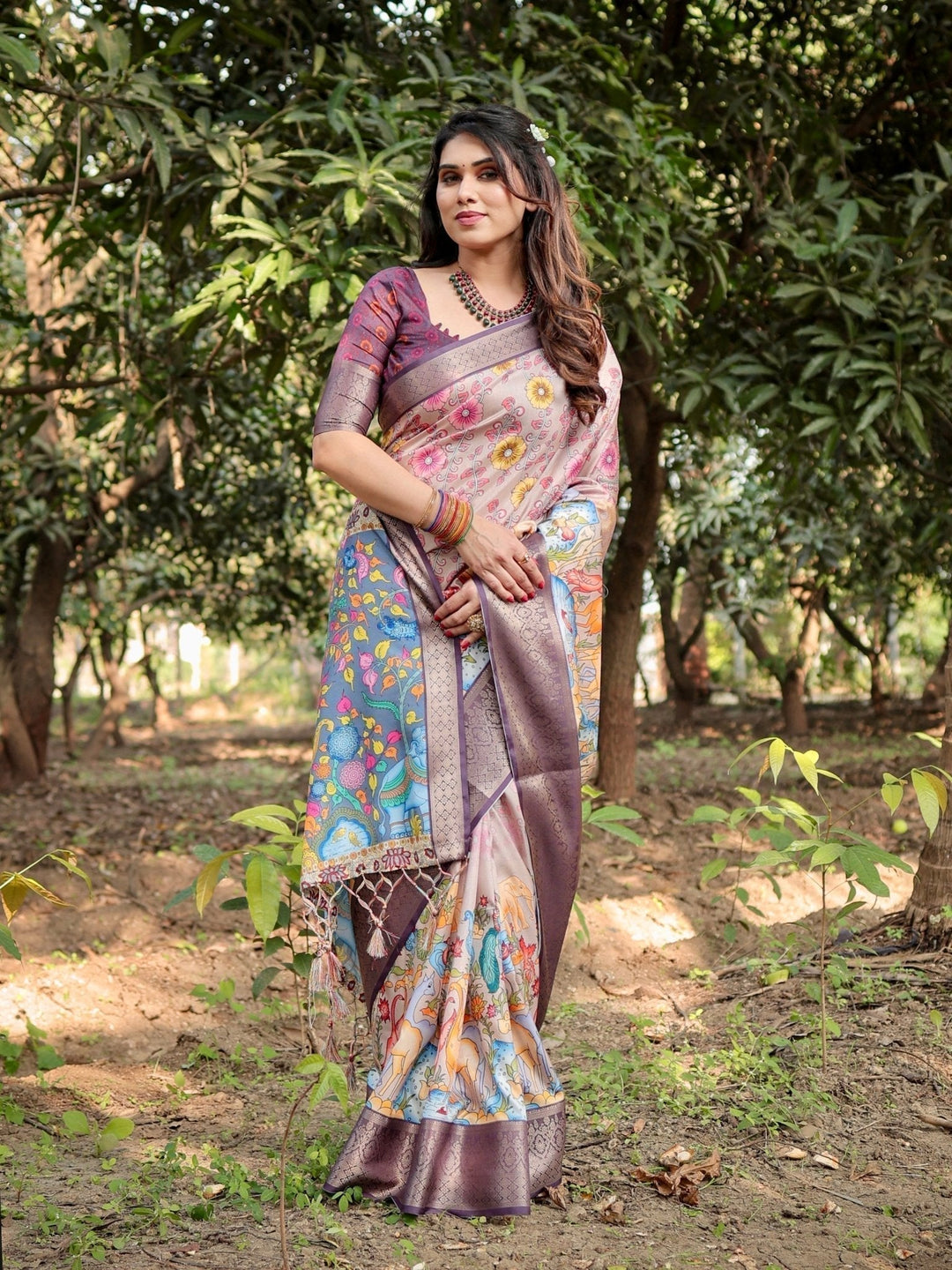 Pure Silk Digitally Printed Saree Weaved With Golden Zari Comes With Tassels - Almaari Fashion