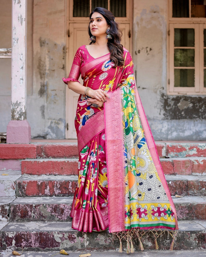 Pure Silk Digitally Printed Saree Weaved With Golden Zari Comes With Tassels - Almaari Fashion