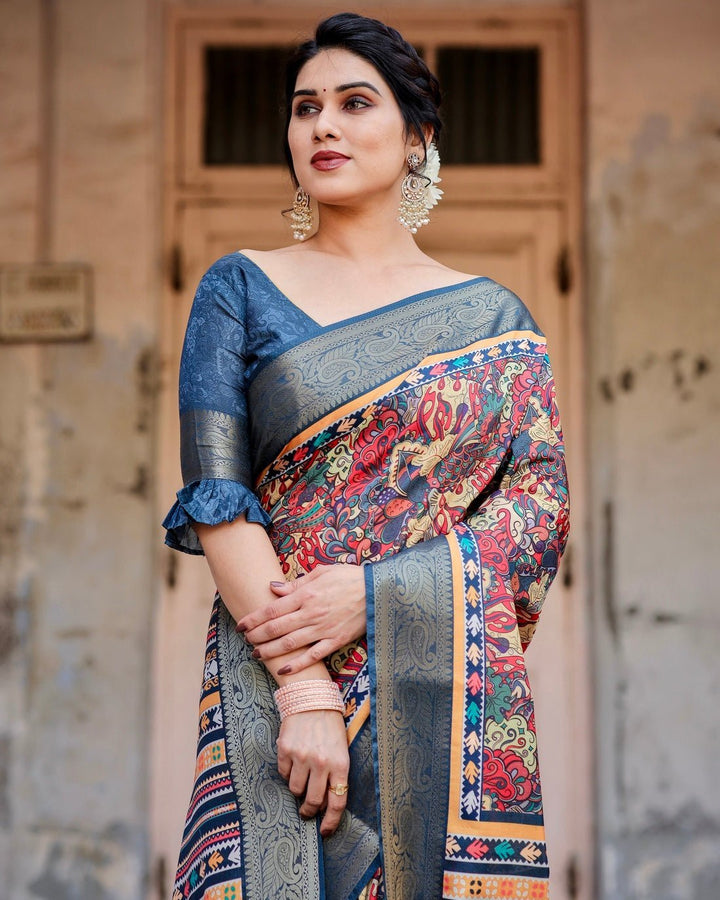 Pure Silk Digitally Printed Saree Weaved With Golden Zari Comes With Tassels - Almaari Fashion