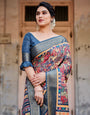 Multicolor Tussar Silk Saree with Vibrant Floral Weaves and Striped Pallu