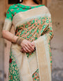 Emerald Green and Gold Tussar Silk Saree with Floral and Ornamental Motifs