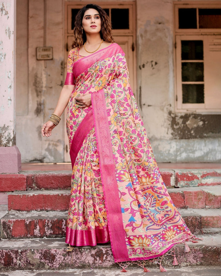 Pure Silk Digitally Printed Saree Weaved With Golden Zari Comes With Tassels - Almaari Fashion