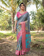 Pastel Grey and Turquoise Digital Print Tussar Silk Saree with Pink Zari Border and Peacock Motif Pallu