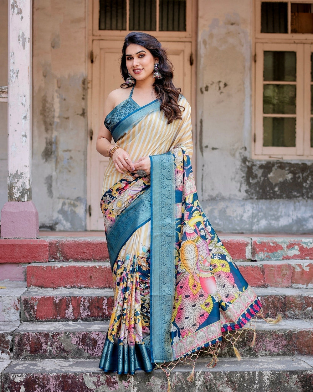 Pure Silk Digitally Printed Saree Weaved With Golden Zari Comes With Tassels - Almaari Fashion